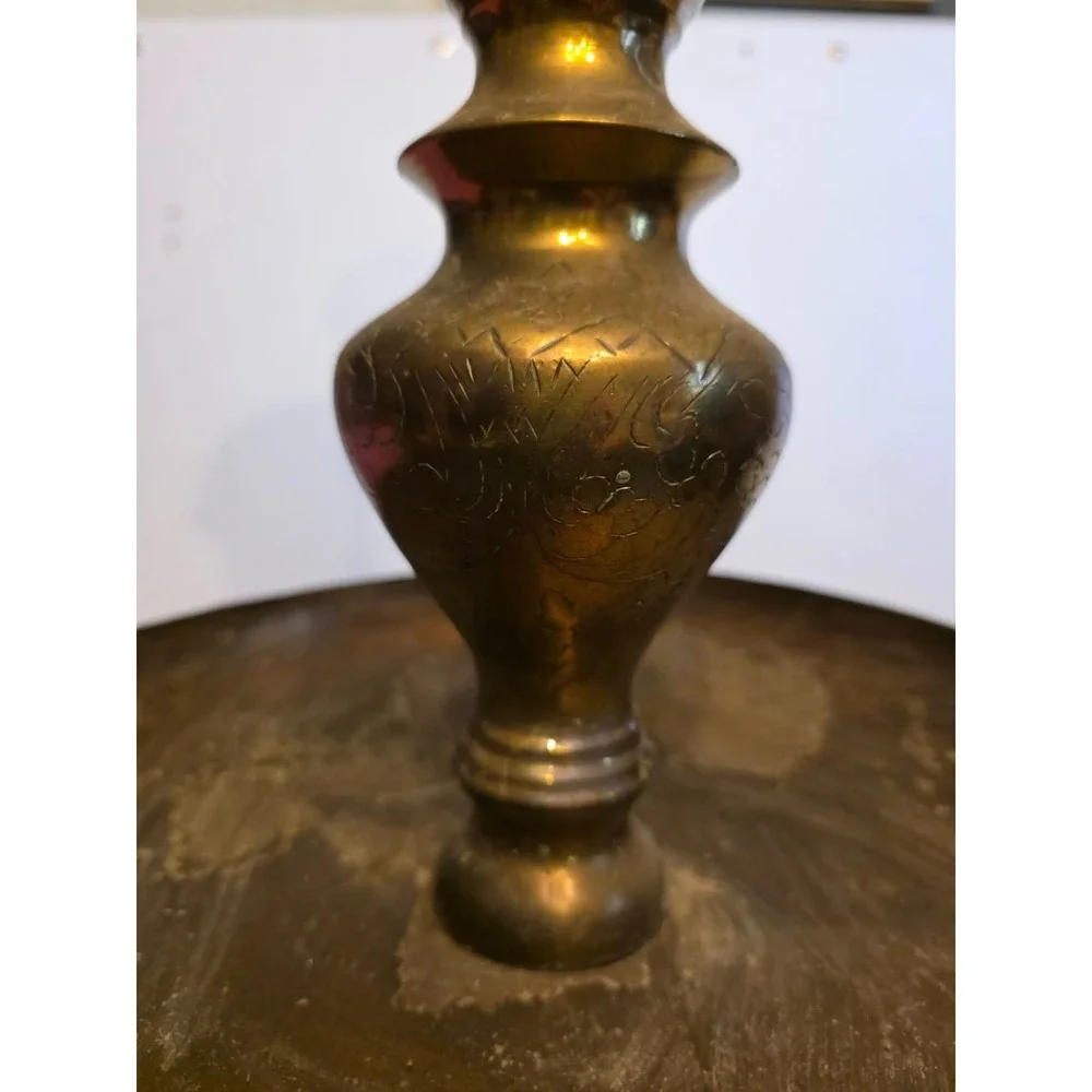 Moroccan Etched Brass Pillar Floor Altar Candlesticks Candle Holders Set Vintage